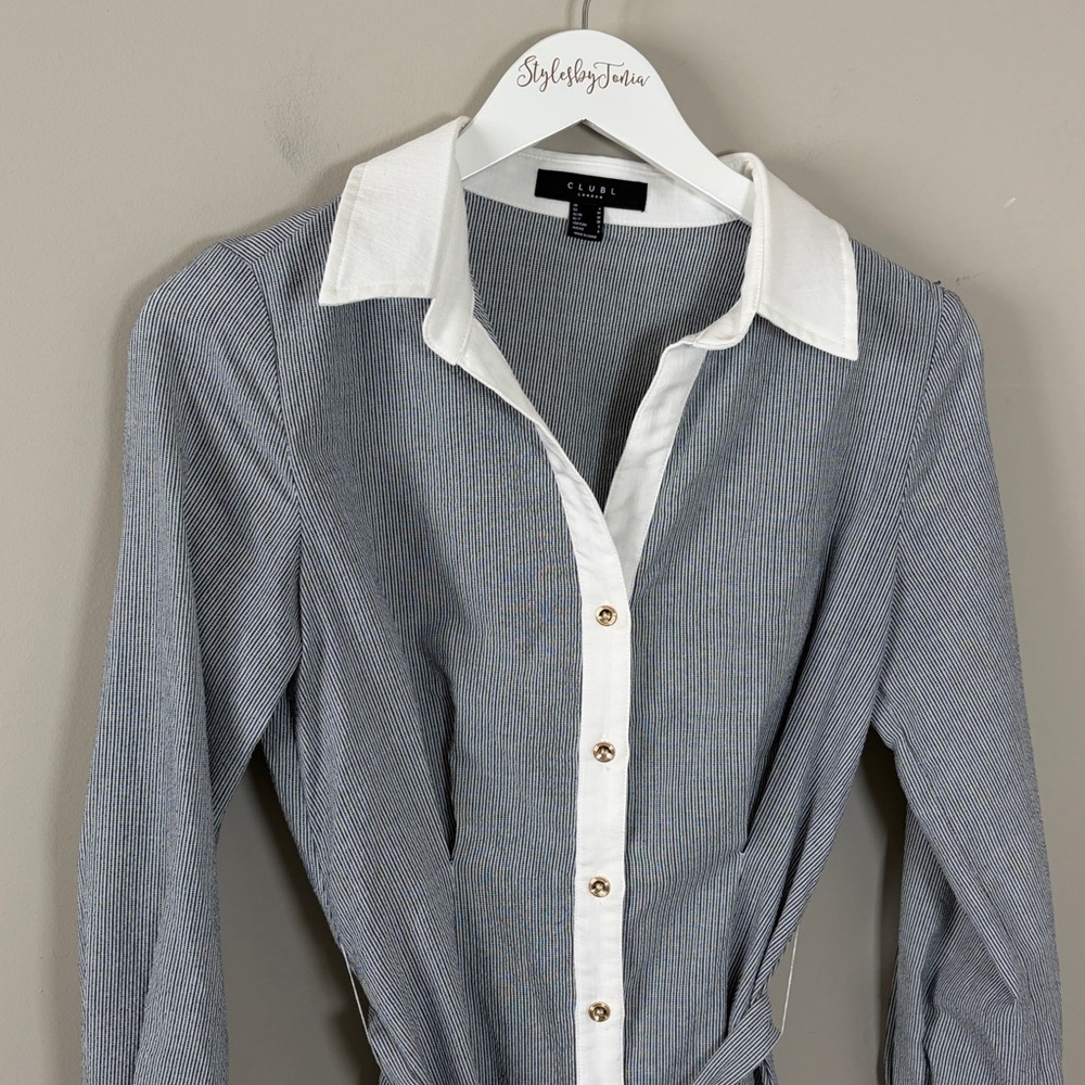Club L BEATRIZ Grey Linen Pinstripe Mini Shirt Dress Long Sleeves Belted Sz 2 - Picture 6 of 15